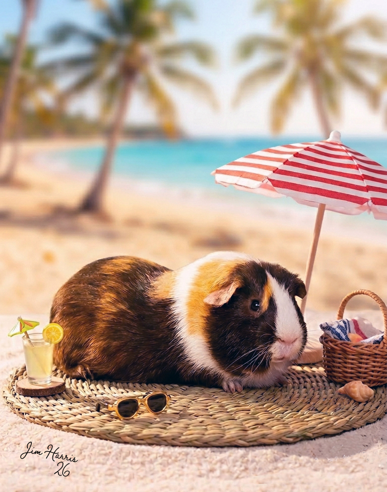 Jim Harris summer portrait of a tri-color guinea pig on a sunny beach with a striped umbrella, sunglasses and lemonade