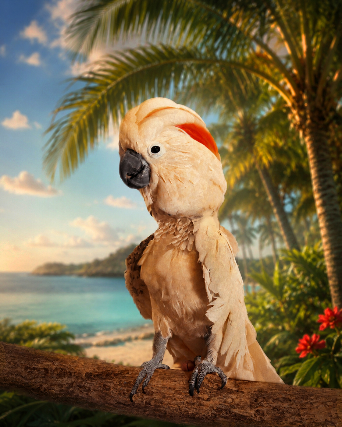 Jim Harris portrait of a salmon-crested cockatoo on a tropical beach backdrop