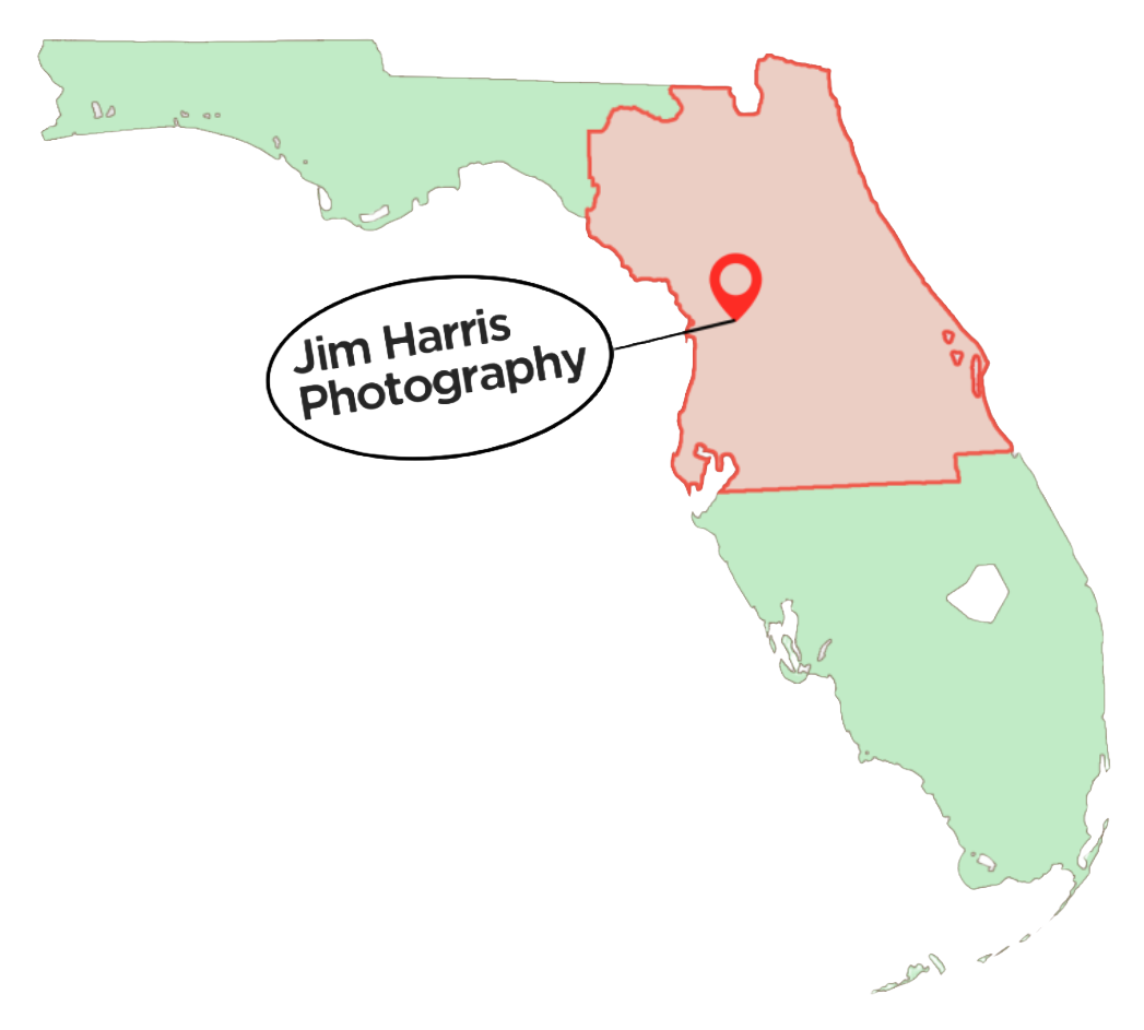 Map of Florida showing Jim Harris Photography's home base in Citrus County, Inverness, FL