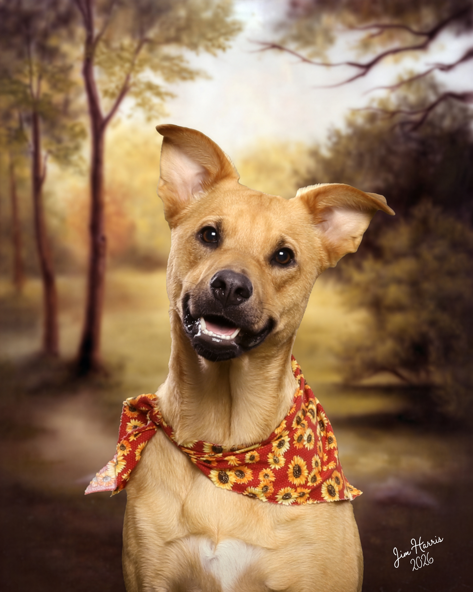 Tan mixed-breed dog wearing a sunflower bandana on a painted autumn forest backdrop
